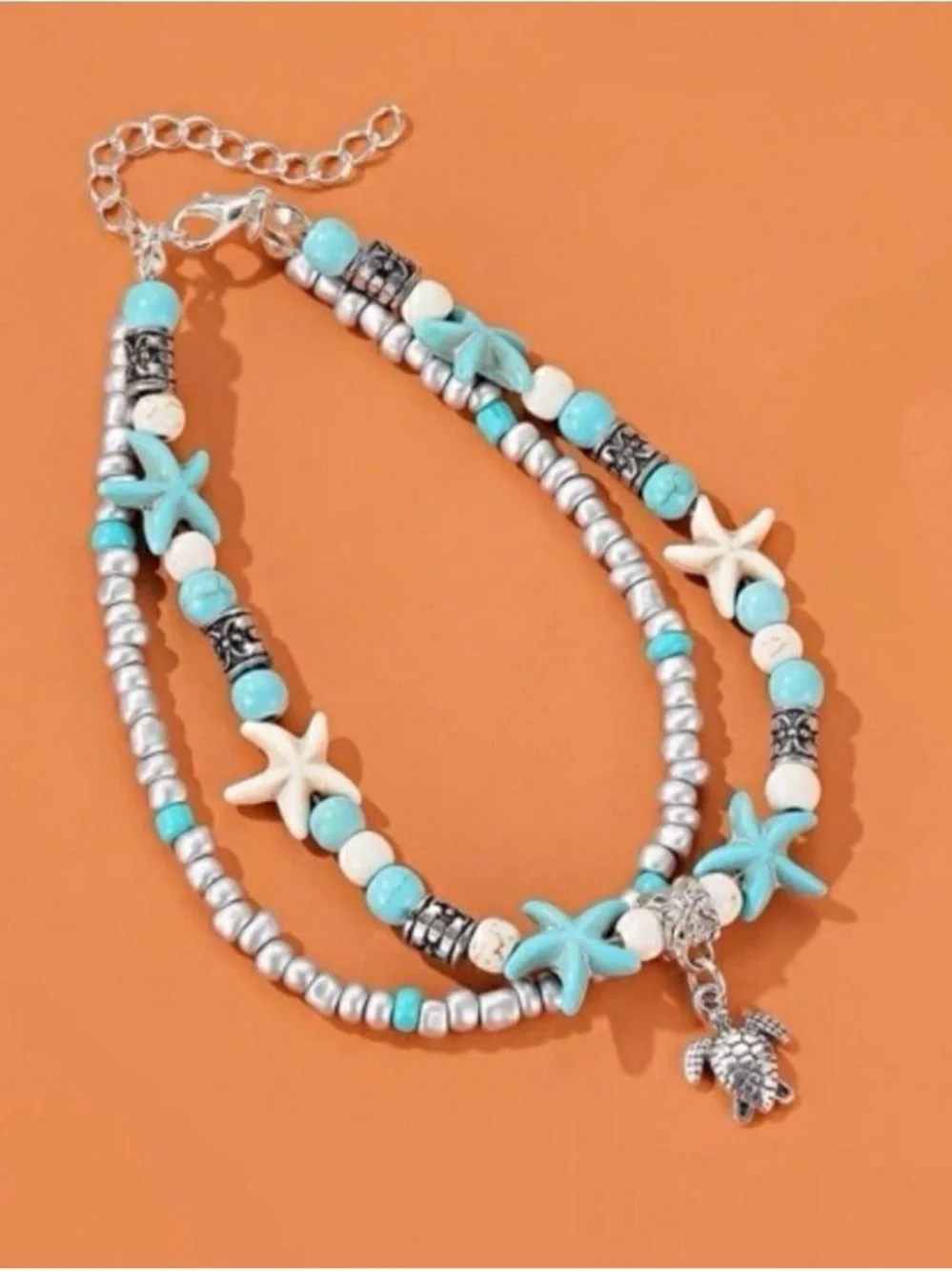 Astrid Turquoise & Silver Sea Turtle & Sea Star Beaded Anklet New